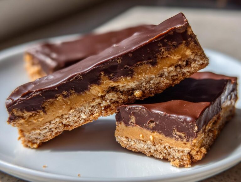 Three rich, layered bars of buckeye graham crackers topped with peanut butter filling and chocolate ganache.