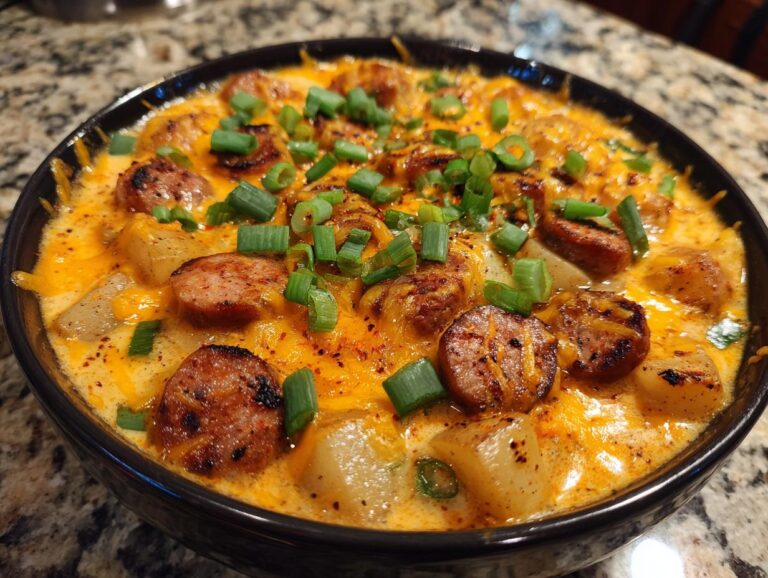 A close-up of a bowl of rich cajun potato soup topped with sliced smoked sausage, melted cheddar cheese, and green onions.