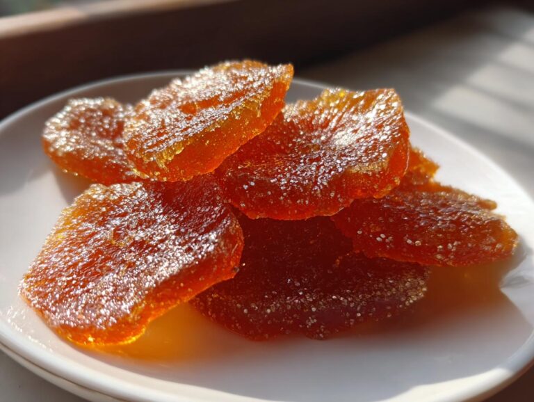 A pile of glistening, amber-colored candied orange slices coated in sugar crystals on a white plate.
