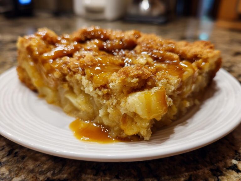 Close-up of a warm slice of caramel apple dump cake with visible apple chunks and a rich caramel drizzle.