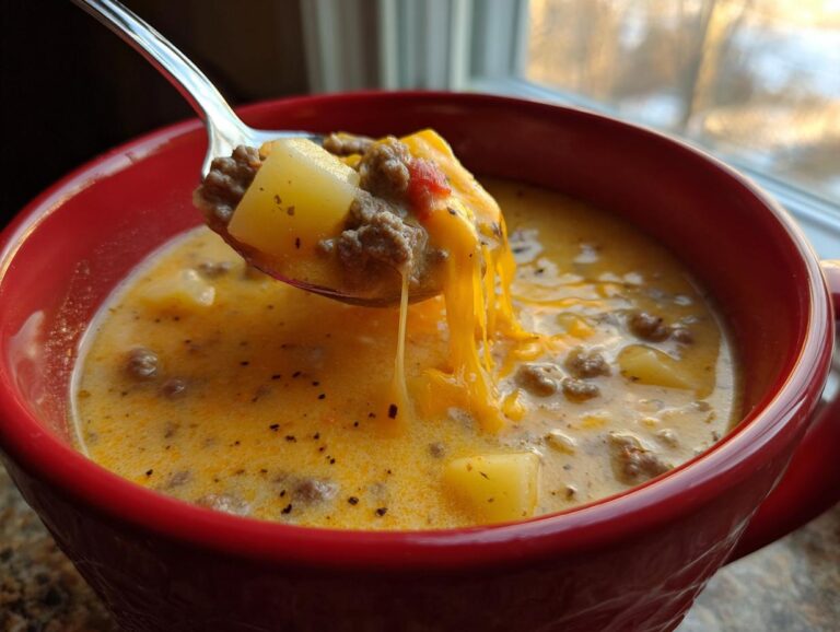 A spoonful of creamy cheeseburger soup showing ground beef, potatoes, and melted cheese stretching.