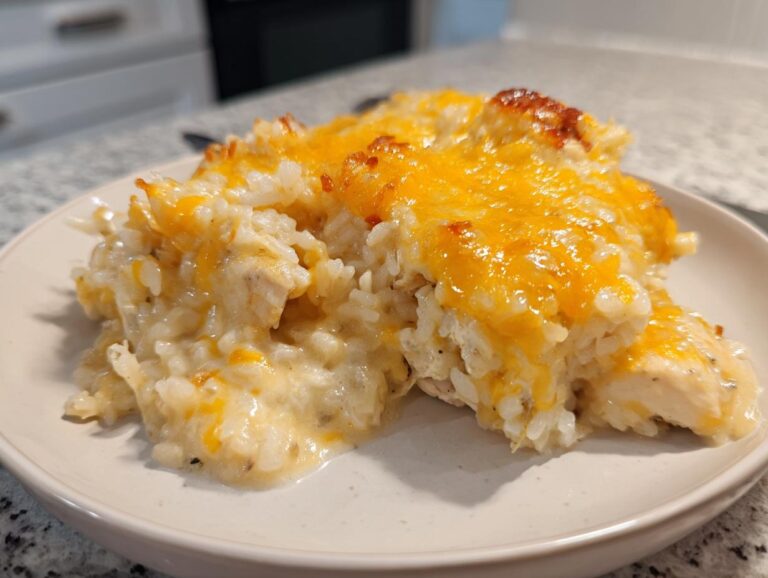 A close-up of a serving of cheesy chicken and rice, topped with melted, slightly browned cheddar cheese.
