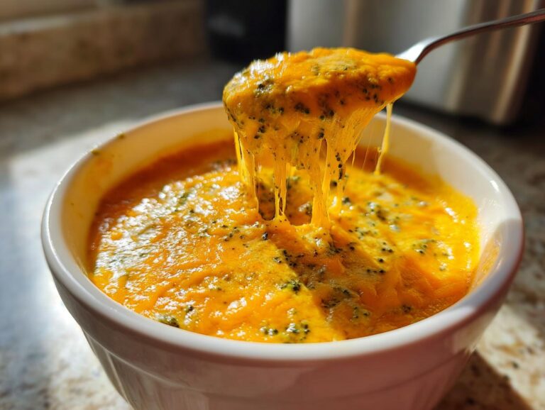 A spoonful of rich, cheesy broccoli cheddar soup being lifted, showing long, melted cheese pulls.