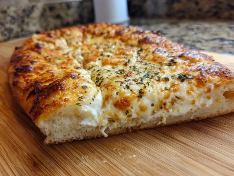 A thick slice of homemade white pizza showing a gooey, cheesy interior and a golden-brown, herbed crust.