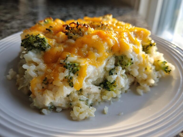 A close-up serving of creamy chicken broccoli rice casserole topped with melted cheddar cheese.