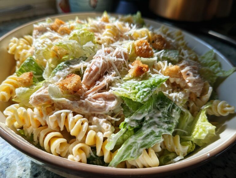 Close-up of a bowl filled with chicken caesar pasta salad featuring rotini pasta, romaine lettuce, shredded chicken, and croutons.