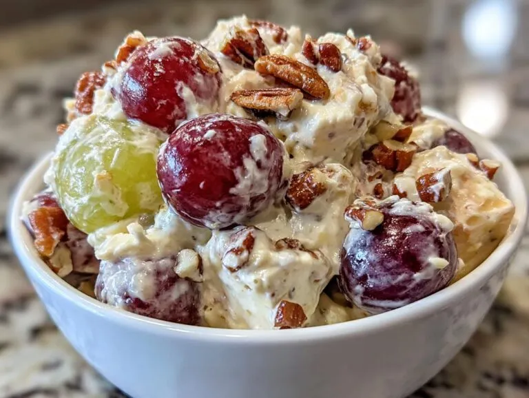 A close-up of creamy Chicken Salad Chick grape salad featuring red and green grapes and chopped pecans in a white bowl.