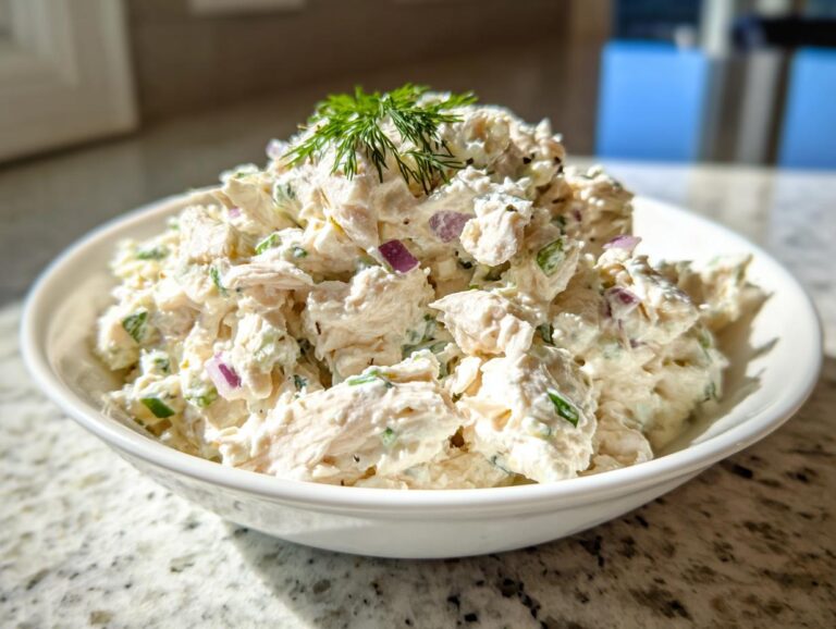A generous serving of creamy cottage cheese chicken salad mixed with red onion and herbs, topped with dill.