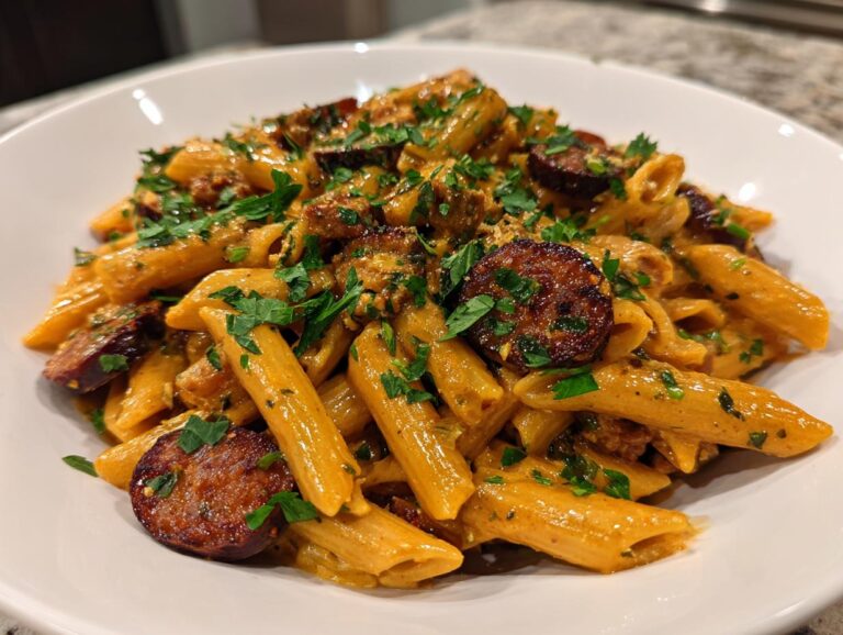 Close-up of creamy Cajun sausage pasta featuring penne coated in a rich sauce and topped with sliced sausage and fresh parsley.