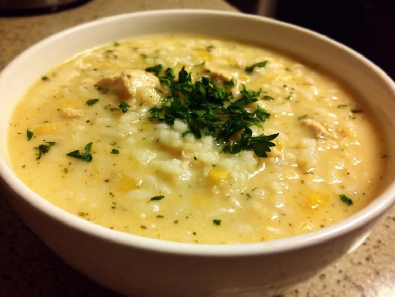 Close-up of a white bowl filled with thick, creamy chicken and rice soup, topped with fresh parsley.