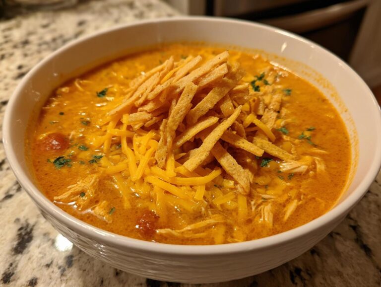 A close-up of a white bowl filled with creamy chicken tortilla soup, topped with shredded cheese and crispy tortilla strips.
