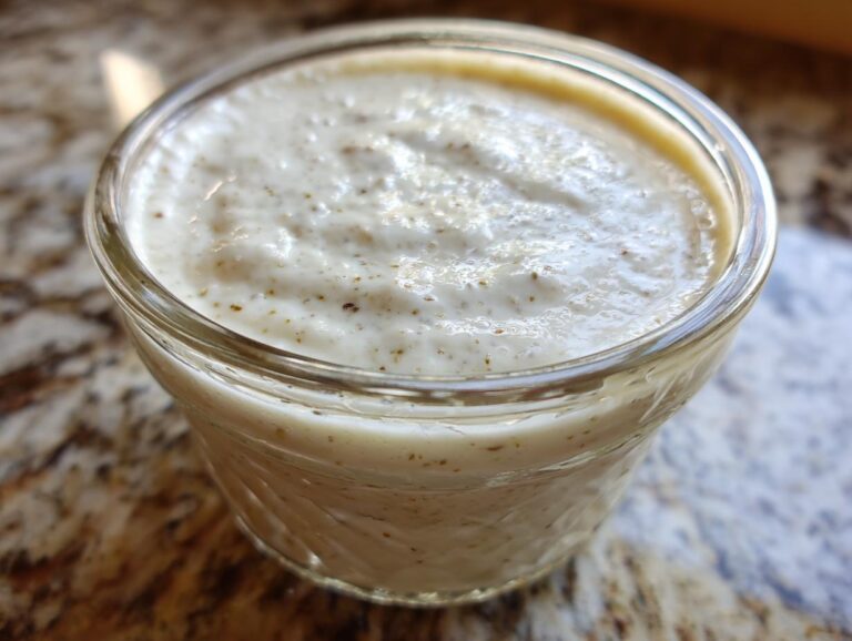 Close-up of creamy, white coconut chia pudding speckled with dark chia seeds in a small glass jar.