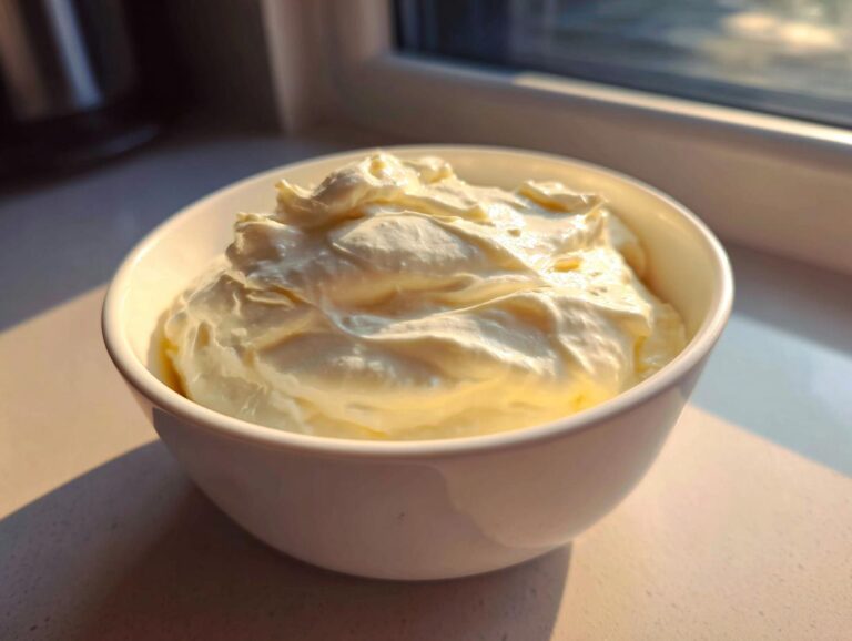 A white bowl filled with thick, creamy amazing 10 minute garlic sauce, highlighted by natural window light.