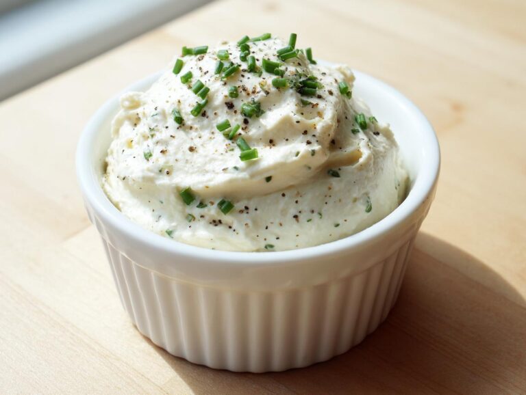 A white ramekin filled with creamy horseradish sauce, garnished with chopped chives and black pepper.