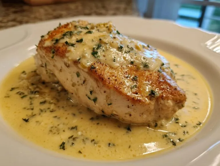A golden-brown chicken breast smothered in a rich, creamy lemon sauce with fresh parsley, ready to eat.