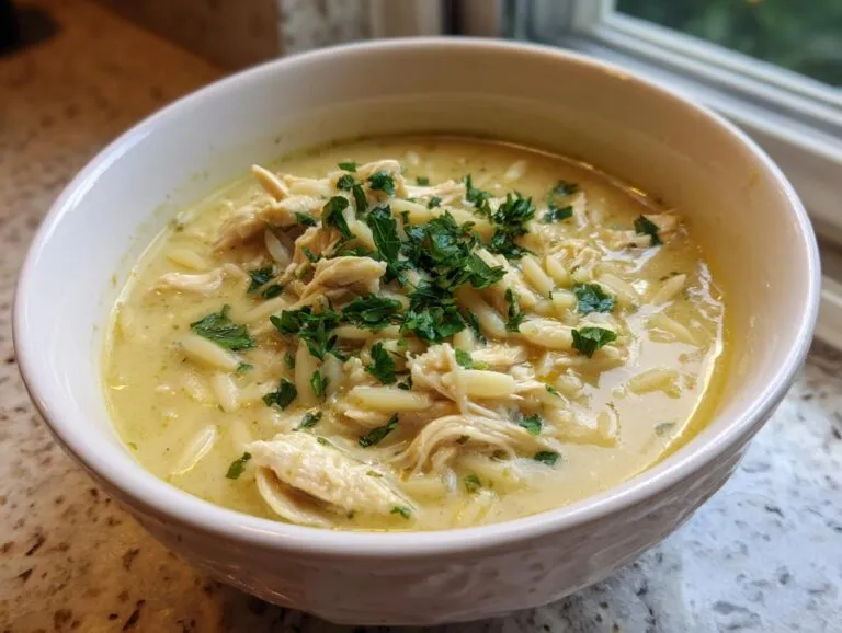 Close-up of a creamy, yellow bowl of lemon chicken soup featuring shredded chicken, orzo pasta, and fresh parsley garnish.