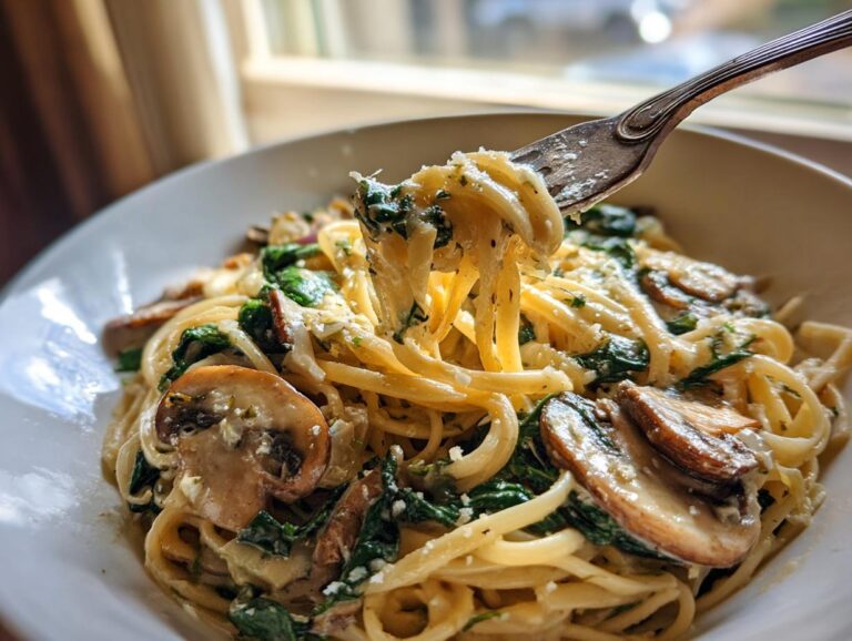 A fork lifting a twirl of creamy mushroom pasta mixed with spinach and topped with grated cheese.