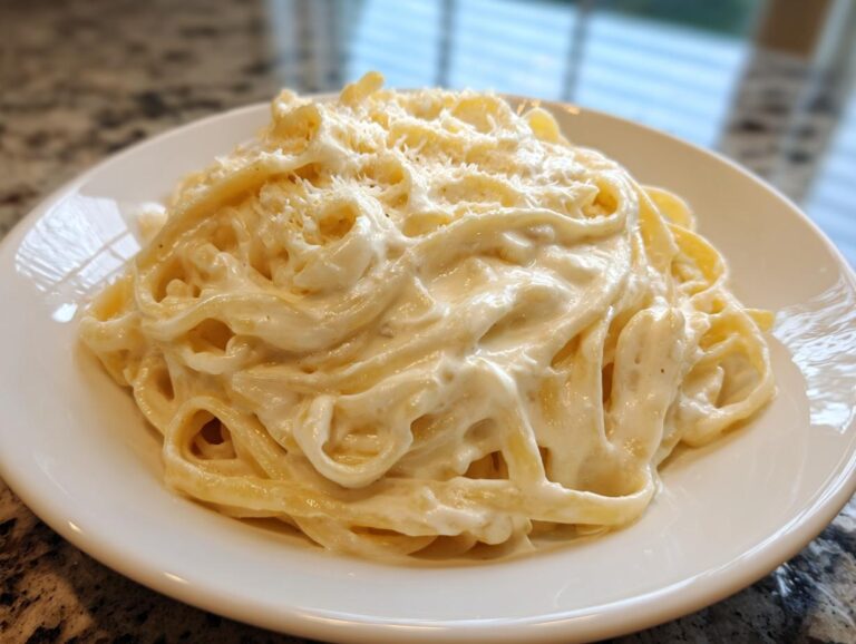 A close-up of fettuccine pasta generously coated in rich, creamy Olive Garden Alfredo Sauce and topped with grated Parmesan cheese.