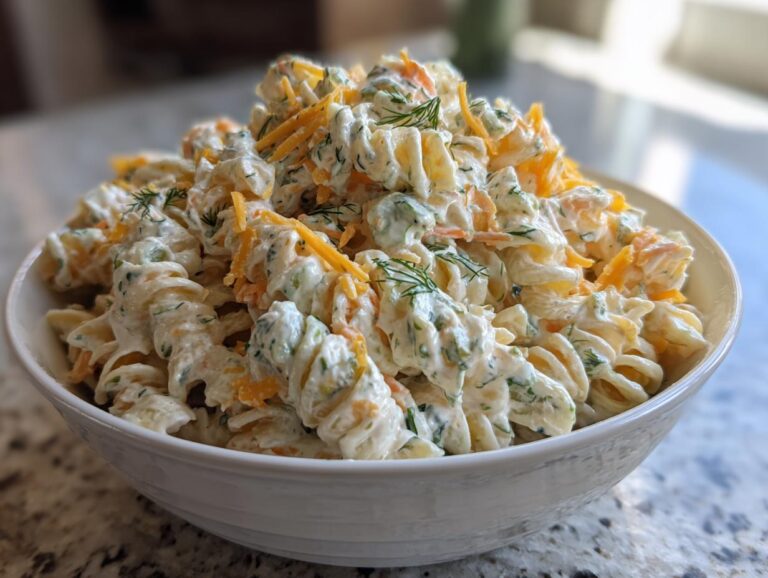 A close-up of creamy pickle pasta salad with shredded cheddar cheese and fresh dill in a white bowl.