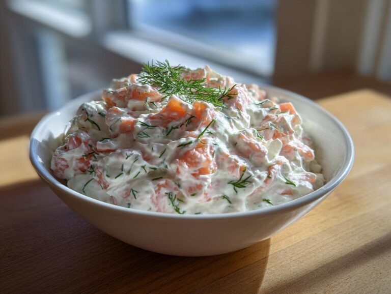 A white bowl filled with chunky, creamy salmon dip mixed with fresh dill, set on a wooden surface.