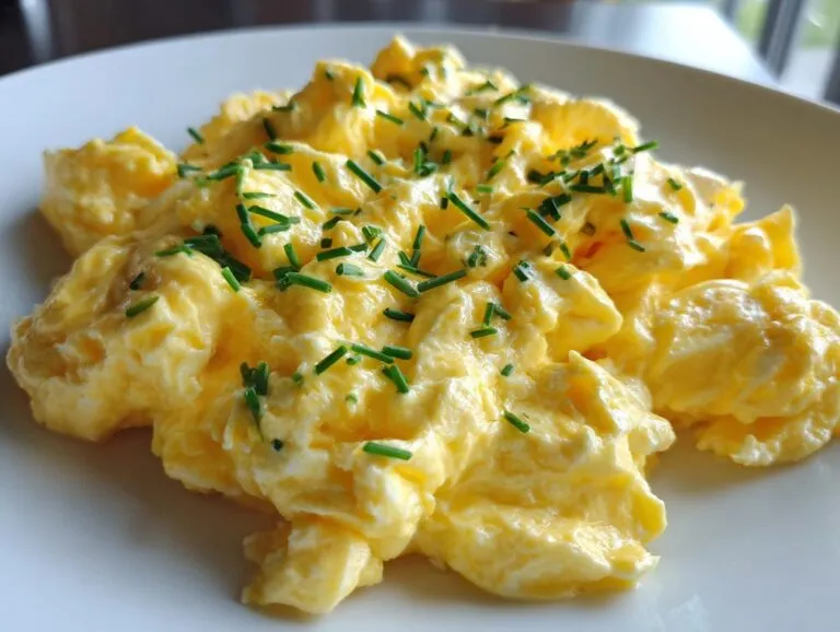 Close-up of creamy, fluffy scrambled eggs garnished with finely chopped green chives on a white plate.