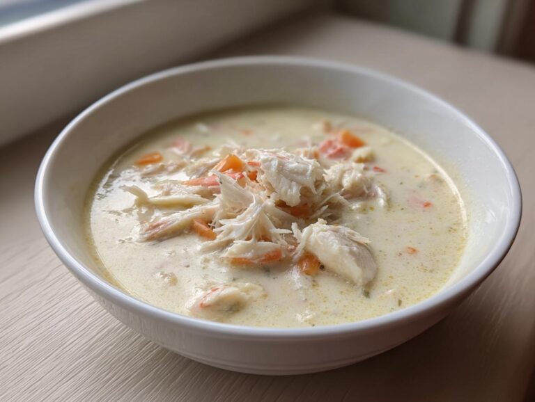 A white bowl filled with creamy she crab soup, generously topped with shredded white and pink crab meat and diced carrots.