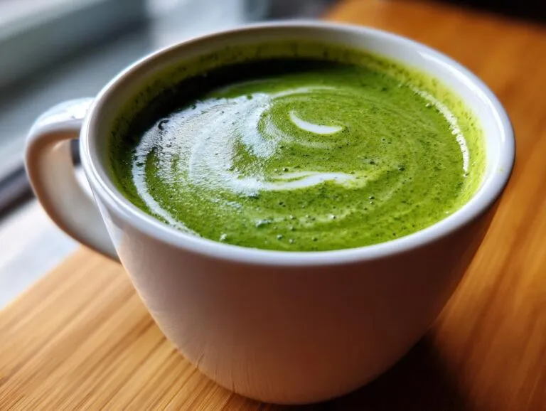 Close-up of a white mug filled with vibrant green, creamy spinach soup, showing a swirl pattern on top.