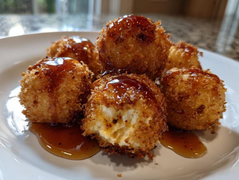 Close-up of several crispy, golden-brown goat cheese balls drizzled with a thick, dark amber glaze on a white plate.