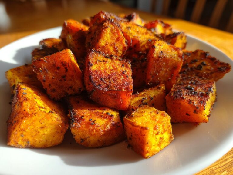 Close-up of perfectly seasoned and crispy roasted sweet potatoes piled on a white plate.