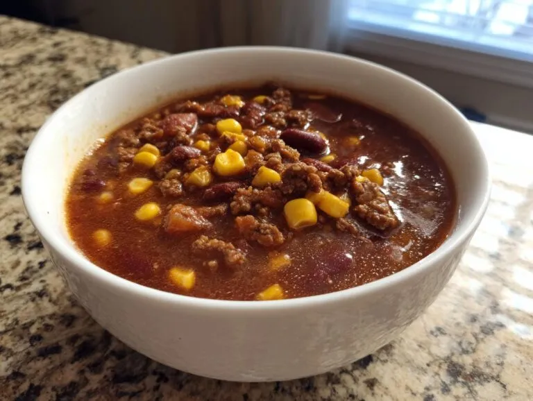 A close-up of a white bowl filled with rich crockpot cowboy soup, featuring ground beef, kidney beans, and corn kernels.