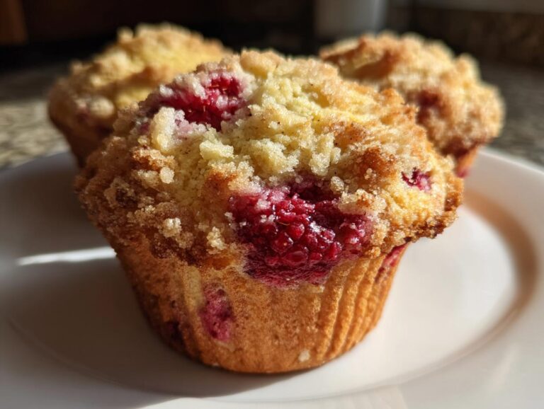 Close-up of a freshly baked raspberry muffin with a golden crumb topping, featuring bright red raspberries.