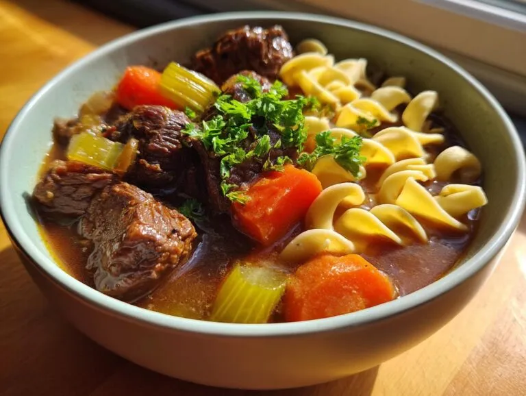 Close-up of a bowl of rich beef noodle soup with chunks of beef, carrots, celery, and egg noodles.