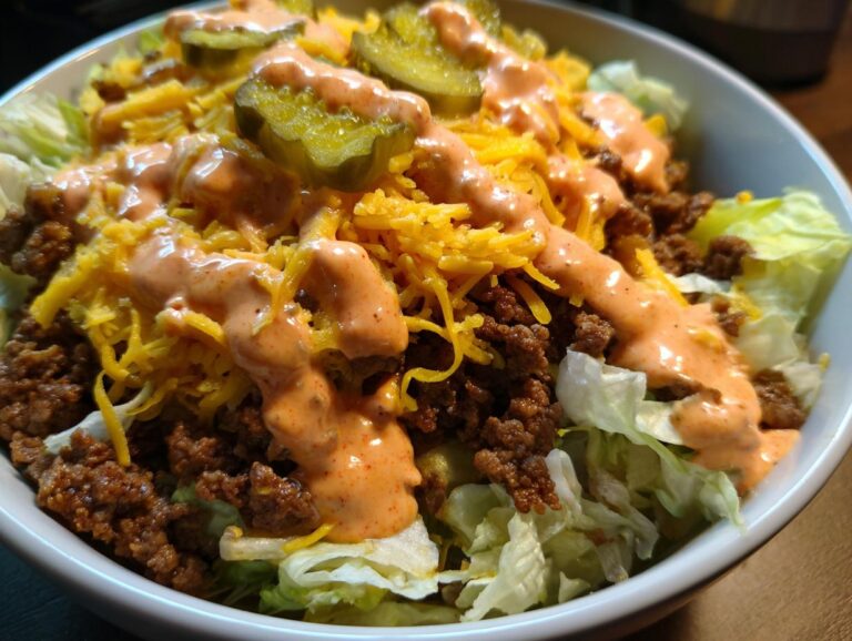 A close-up view of a delicious cheeseburger bowl featuring ground beef, shredded cheese, pickles, and special sauce over lettuce.