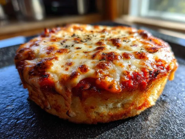 Close-up of a perfectly baked english muffin pizza with melted, bubbly cheese and herbs.