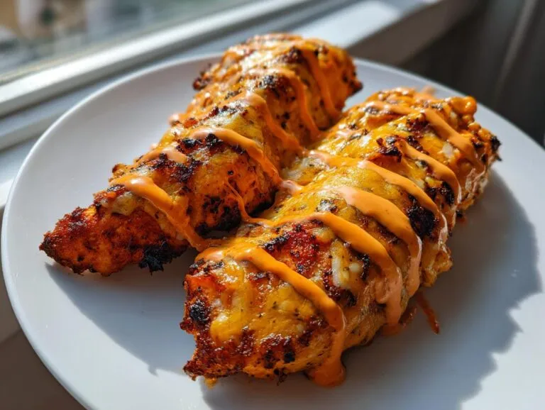 Two pieces of grilled Fiesta Lime Chicken topped with melted cheese and drizzled with an orange sauce.