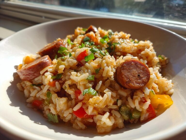 Close-up of a bowl filled with flavorful sausage and rice mixed with colorful bell peppers and garnished with fresh herbs.