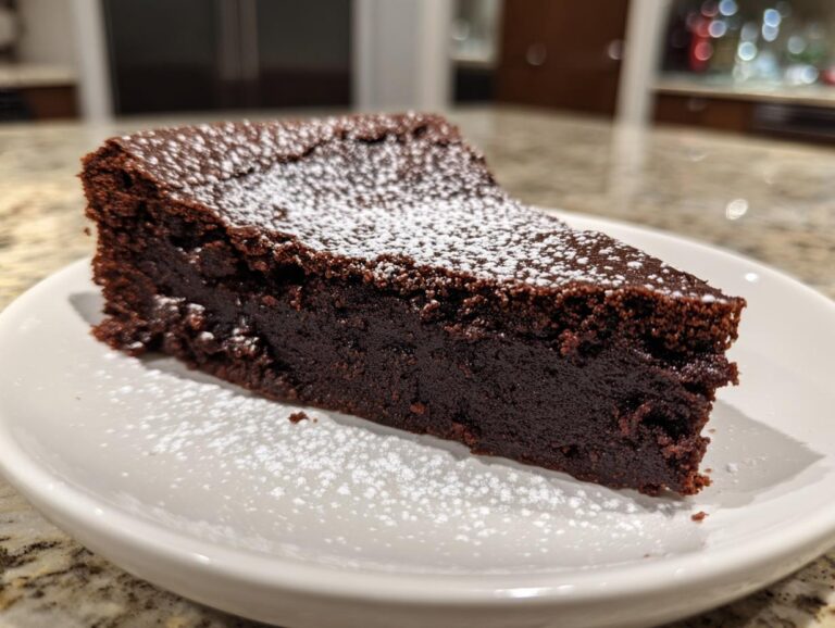 A decadent slice of flourless chocolate torte, dark brown and dense, dusted lightly with white powdered sugar on a white plate.