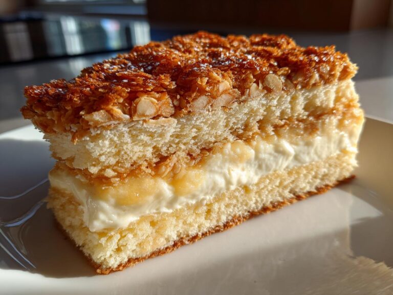 Close-up of a fluffy slice of bee sting cake showing layers of sponge, cream filling, and caramelized almond topping.