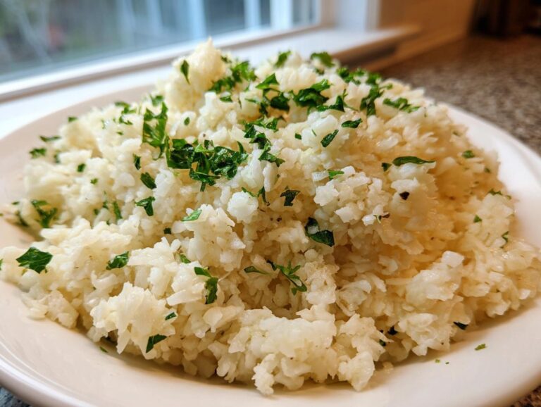 A white plate piled high with fluffy, cooked cauliflower rice garnished generously with chopped green parsley.