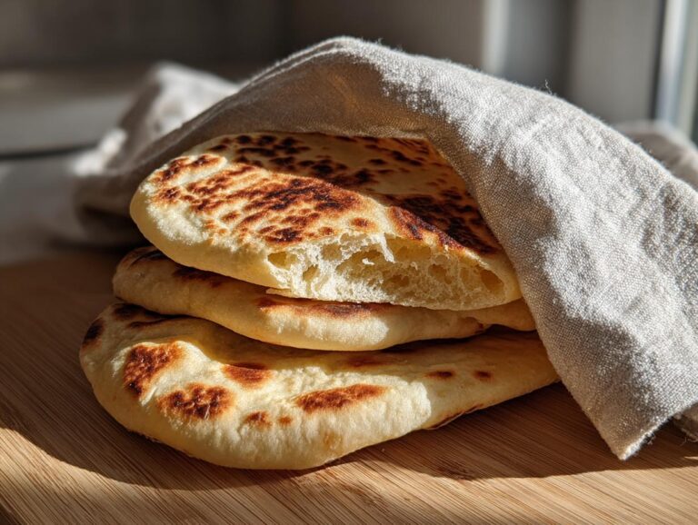 A stack of three freshly made, fluffy pita bread rounds with browned spots, partially covered by a linen cloth.