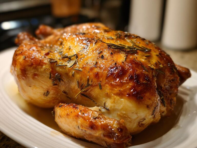 A beautifully roasted whole chicken with golden, crispy skin seasoned with rosemary, resting on a white platter.