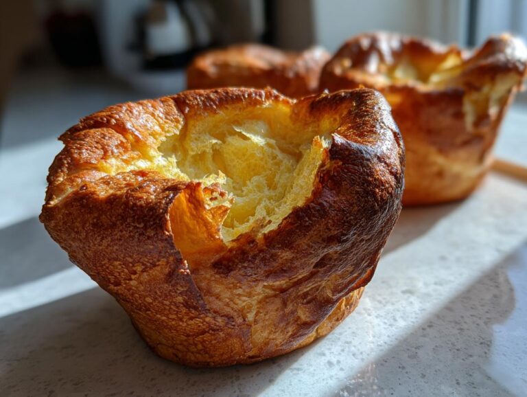 Close-up of a golden brown, beautifully risen yorkshire pudding with a hollow, fluffy interior.