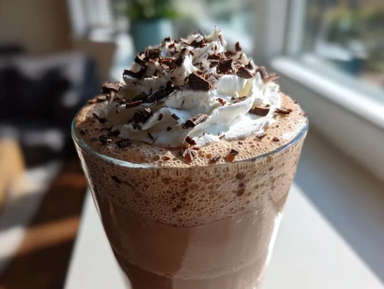 Close-up of a glass of frozen hot chocolate topped with whipped cream and chocolate shavings.