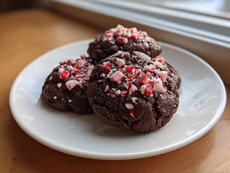 Three fudgy chocolate peppermint cookies topped with crushed red and white candy canes on a white plate.