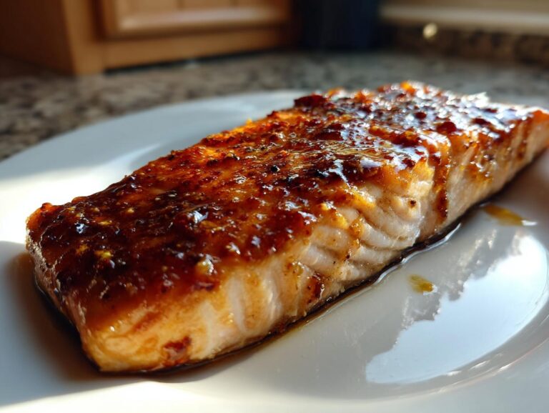 Close-up of a perfectly cooked salmon fillet with a thick, shiny, caramelized glaze served on a white plate.