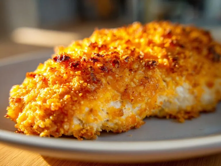 Close-up of a golden brown, baked crispy cheddar chicken fillet resting on a light gray plate.