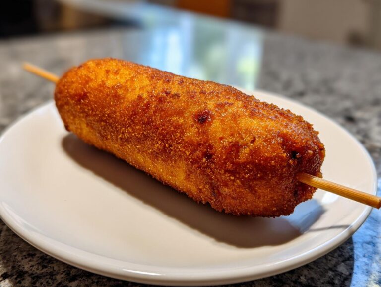 A close-up of a freshly fried, golden-brown corn dog on a wooden stick, resting on a white plate.