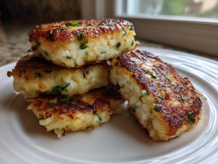 A stack of four golden brown, pan-fried mashed potato cakes garnished with fresh green chives.