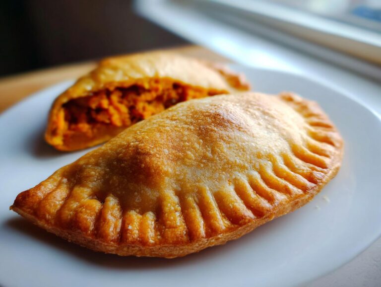 Close-up of two golden-brown pumpkin empanadas on a white plate, one showing the orange pumpkin filling.