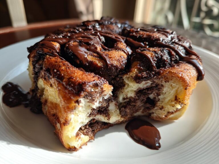 Close-up of a gooey chocolate cinnamon roll, showing soft interior and rich chocolate drizzle on a white plate.